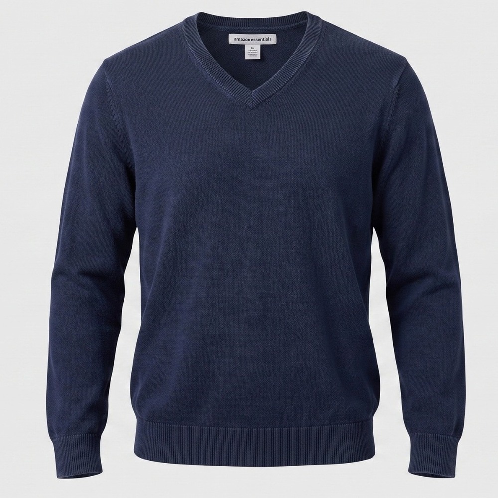 Amazon Essentials Mens‎ Large Navy Blue Sweater V-Neck Pullover 100% Cotton